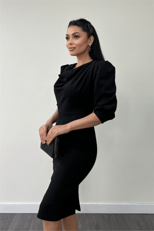 Krep Kumaş Degaje Yaka Kalem Elbise - SİYAH - 4