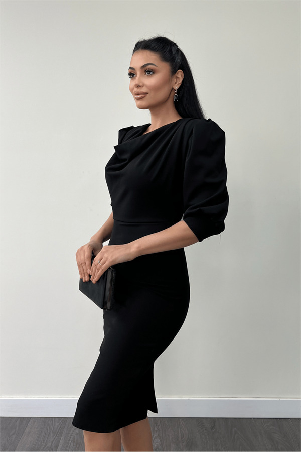 Krep Kumaş Degaje Yaka Kalem Elbise - SİYAH - 4