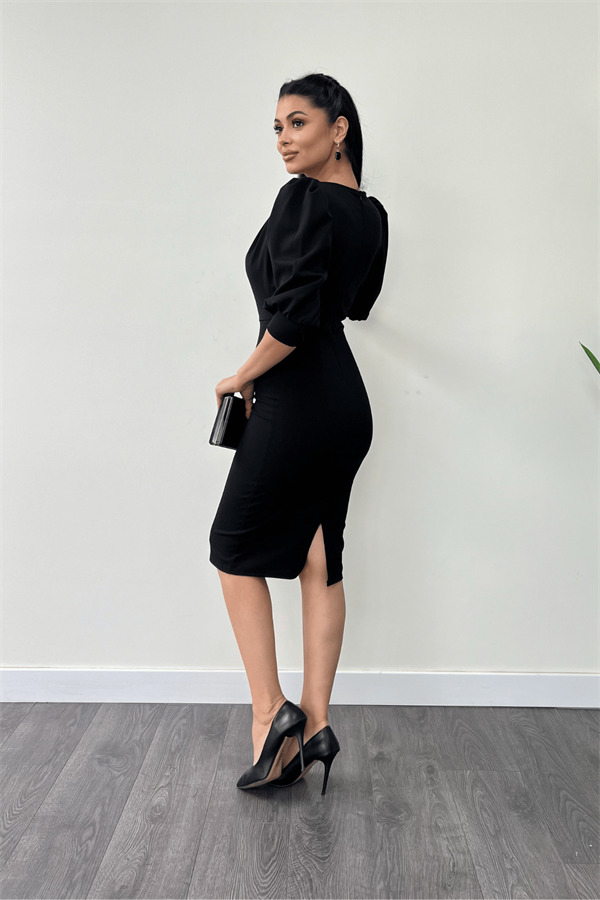 Krep Kumaş Degaje Yaka Kalem Elbise - SİYAH - 5