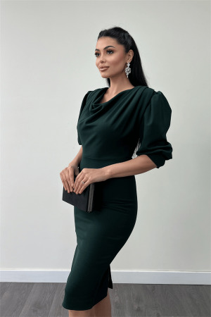 Krep Kumaş Degaje Yaka Kalem Elbise - ZÜMRÜT YEŞİL - 4
