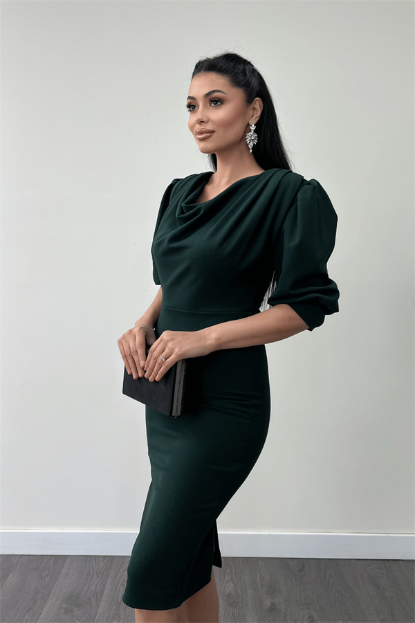 Krep Kumaş Degaje Yaka Kalem Elbise - ZÜMRÜT YEŞİL - 4