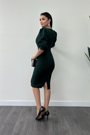 Krep Kumaş Degaje Yaka Kalem Elbise - ZÜMRÜT YEŞİL - 5