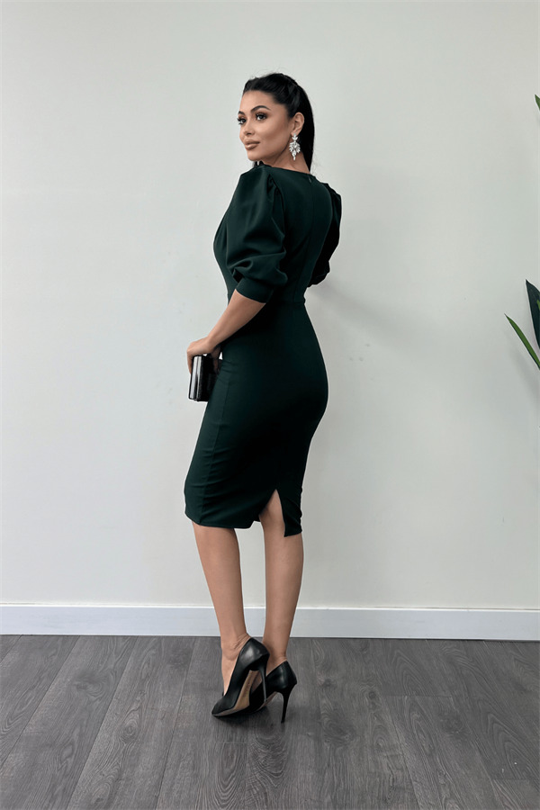 Krep Kumaş Degaje Yaka Kalem Elbise - ZÜMRÜT YEŞİL - 5