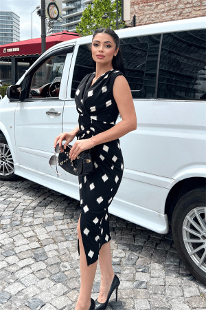 Krep Kumaş Düğme Detaylı Kalem Elbise - SİYAH - 3