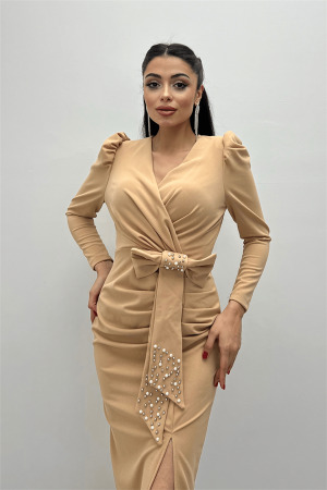 Krep Kumaş İnci Detaylı Ceket Elbise - BEJ - 3