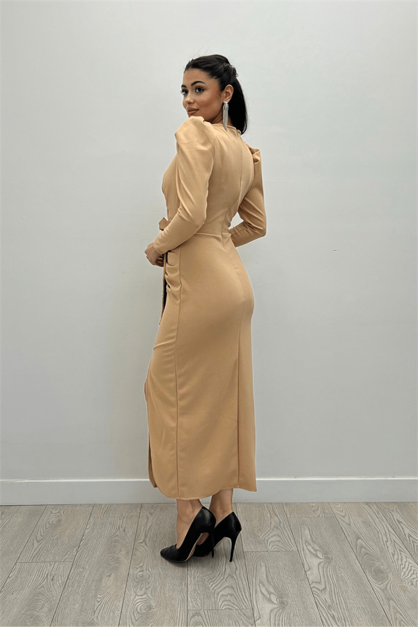 Krep Kumaş İnci Detaylı Ceket Elbise - BEJ - 5