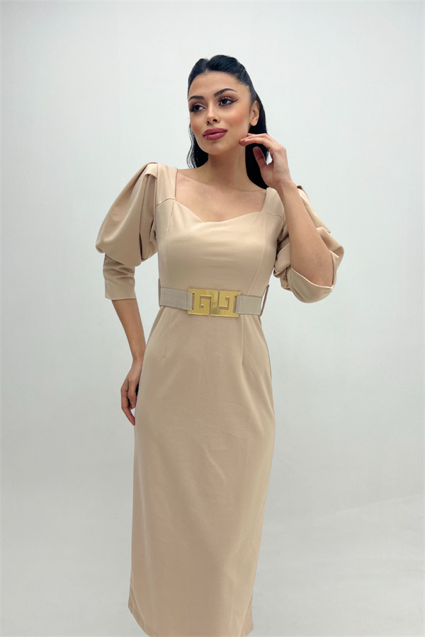 Krep Kumaş Kalp Yaka Kalem Elbise - KREM - 2