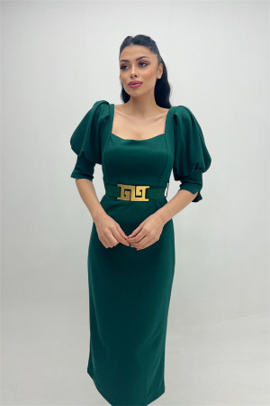 Krep Kumaş Kalp Yaka Kalem Elbise - ZÜMRÜT YEŞİL - Angelino Moda