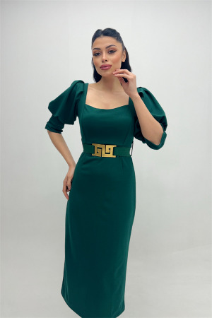 Krep Kumaş Kalp Yaka Kalem Elbise - ZÜMRÜT YEŞİL - Angelino Moda (1)