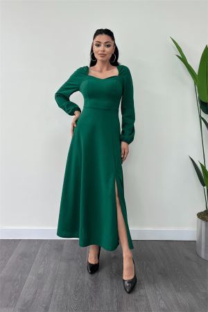 Krep Kumaş Kalp Yaka Midi Elbise - ZÜMRÜT - 1