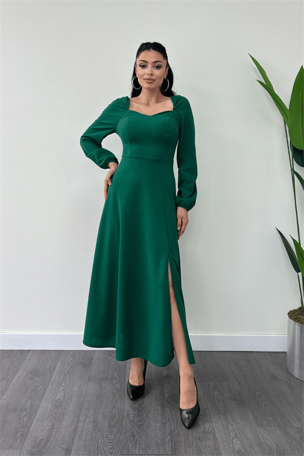 Krep Kumaş Kalp Yaka Midi Elbise - ZÜMRÜT - 1