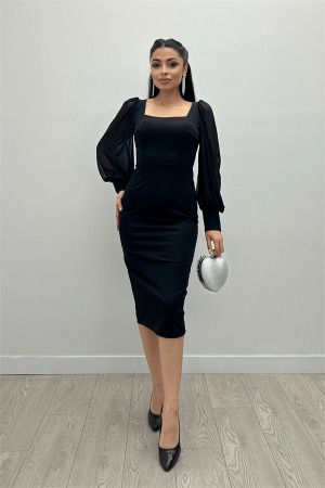 Crepe Fabric Square Collar Pencil Dress - Black - Angelino Moda