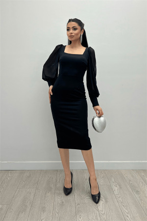 Crepe Fabric Square Collar Pencil Dress - Black - Angelino Moda (1)