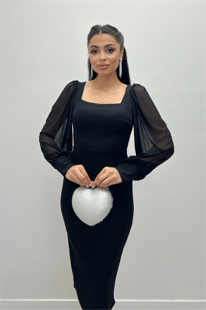 Krep Kumaş Kare Yaka Kalem Elbise - Siyah - 3