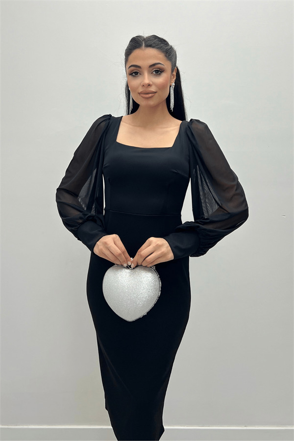 Krep Kumaş Kare Yaka Kalem Elbise - Siyah - 3