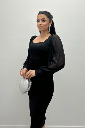 Krep Kumaş Kare Yaka Kalem Elbise - Siyah - 4