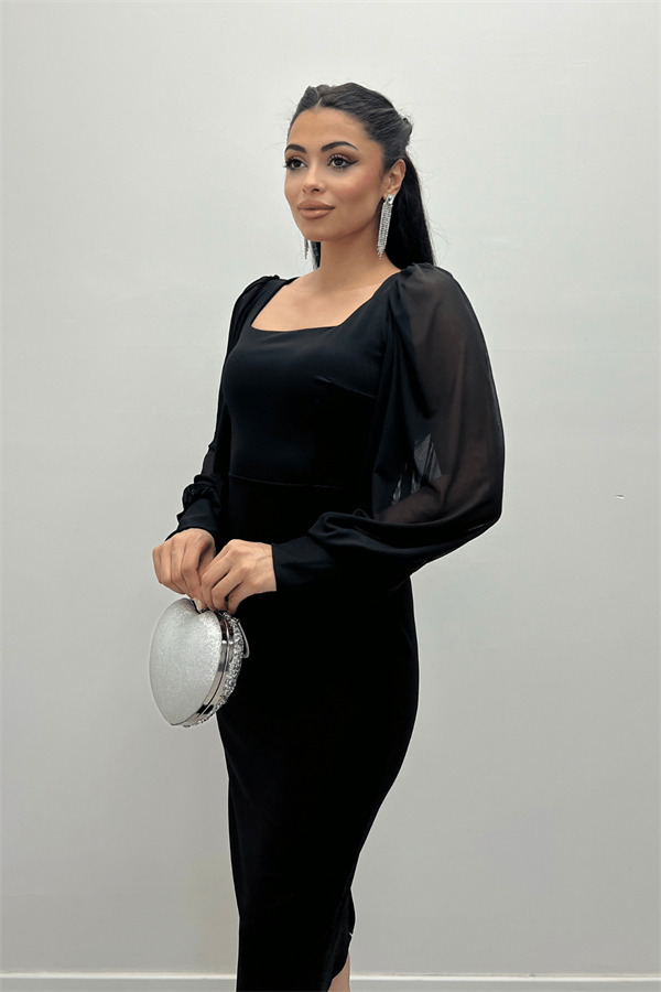 Krep Kumaş Kare Yaka Kalem Elbise - Siyah - 4