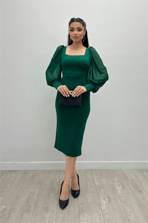 Crepe Fabric Square Collar Pencil Dress - EMERALD GREEN - Angelino Moda