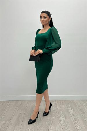 Crepe Fabric Square Collar Pencil Dress - EMERALD GREEN - Angelino Moda (1)