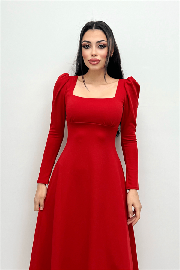 Krep Kumaş Kare Yaka Midi Elbise - Kırmızı - 1