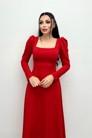 Krep Kumaş Kare Yaka Midi Elbise - Kırmızı - 2