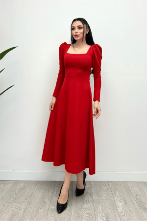 Krep Kumaş Kare Yaka Midi Elbise - Kırmızı - 3