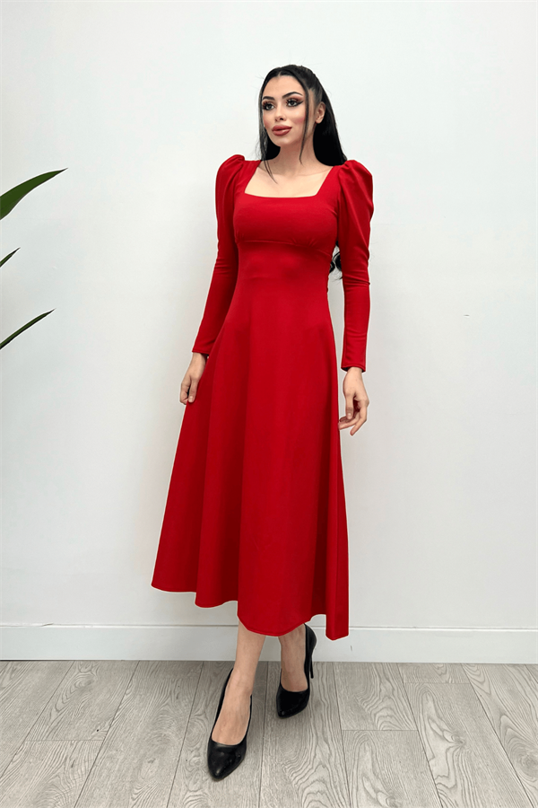 Krep Kumaş Kare Yaka Midi Elbise - Kırmızı - 3