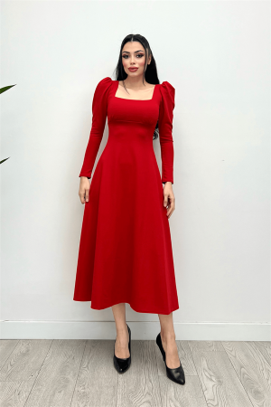 Krep Kumaş Kare Yaka Midi Elbise - Kırmızı - 4