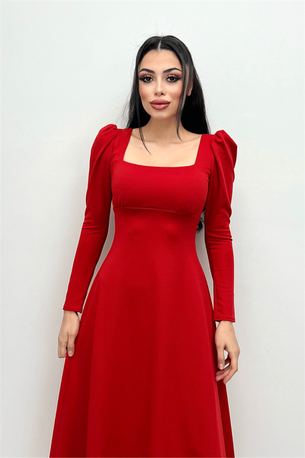 Krep Kumaş Kare Yaka Midi Elbise - Kırmızı - 1
