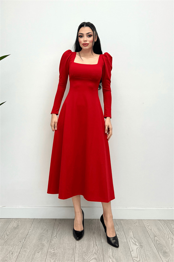 Krep Kumaş Kare Yaka Midi Elbise - Kırmızı - 4