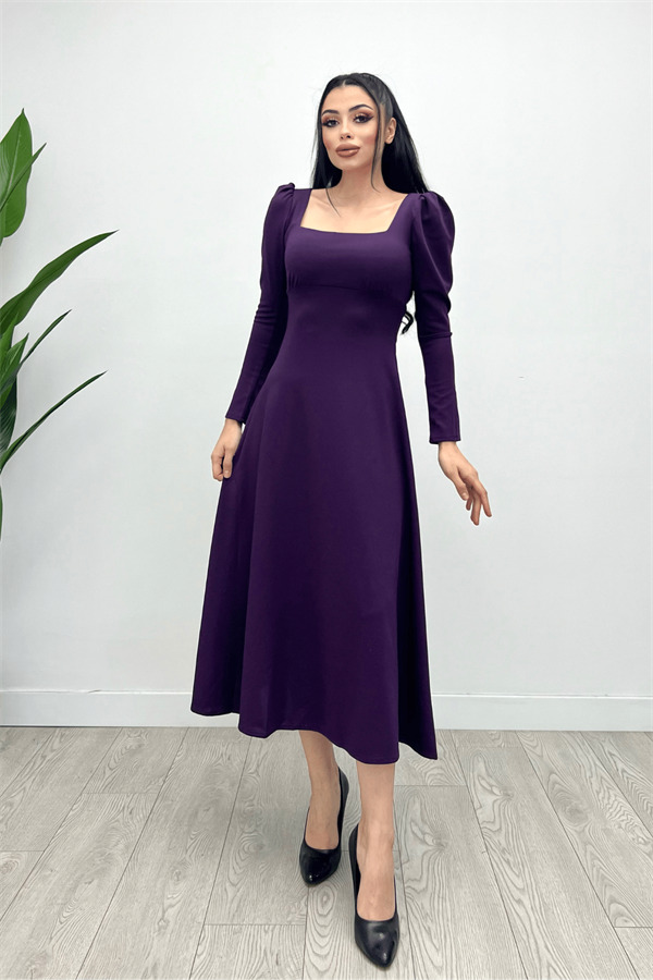 Krep Kumaş Kare Yaka Midi Elbise - Patlıcan Mor - 3