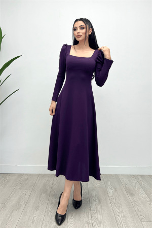 Krep Kumaş Kare Yaka Midi Elbise - Patlıcan Mor - 4