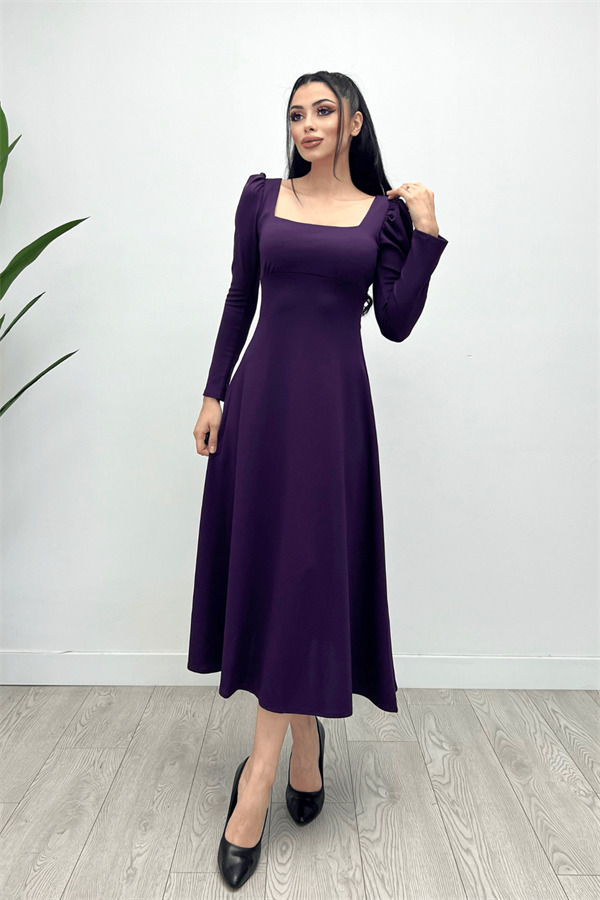 Krep Kumaş Kare Yaka Midi Elbise - Patlıcan Mor - 4