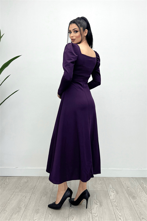 Krep Kumaş Kare Yaka Midi Elbise - Patlıcan Mor - 5