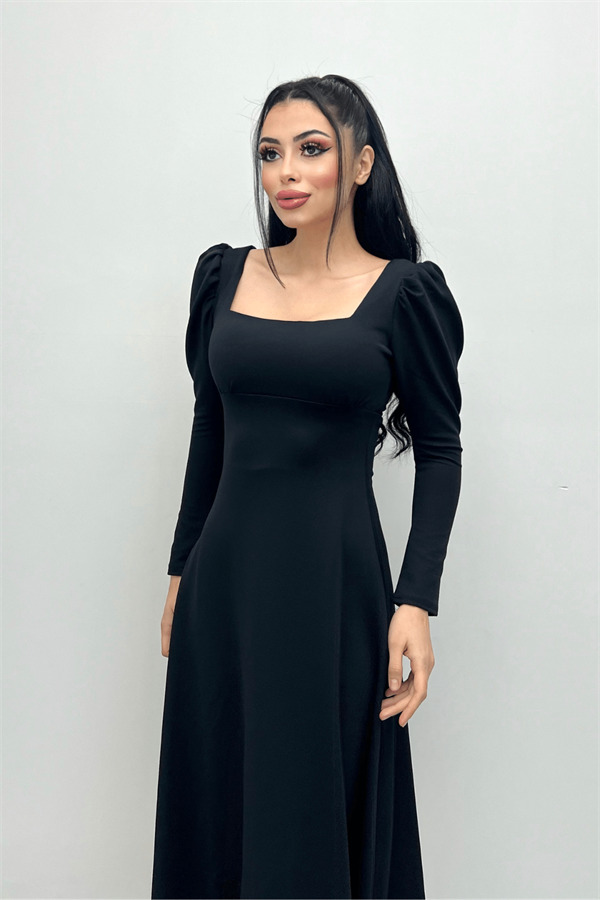 Krep Kumaş Kare Yaka Midi Elbise - SİYAH - 2