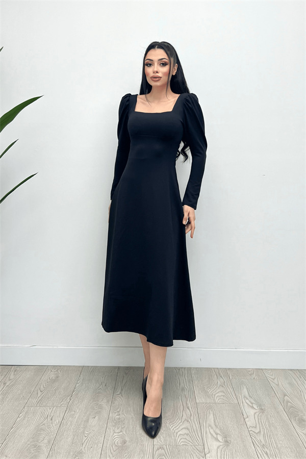 Krep Kumaş Kare Yaka Midi Elbise - SİYAH - 3