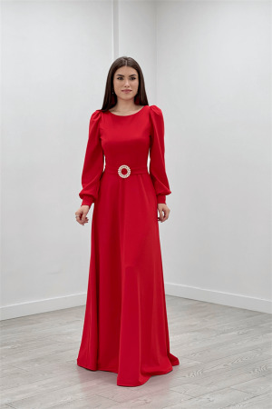 Crepe Fabric Belt Detailed Evening Dress - RED - Angelino Moda