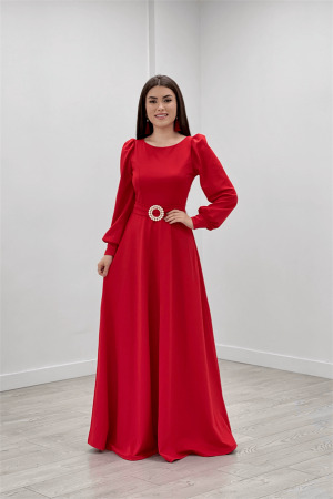 Crepe Fabric Belt Detailed Evening Dress - RED - Angelino Moda (1)
