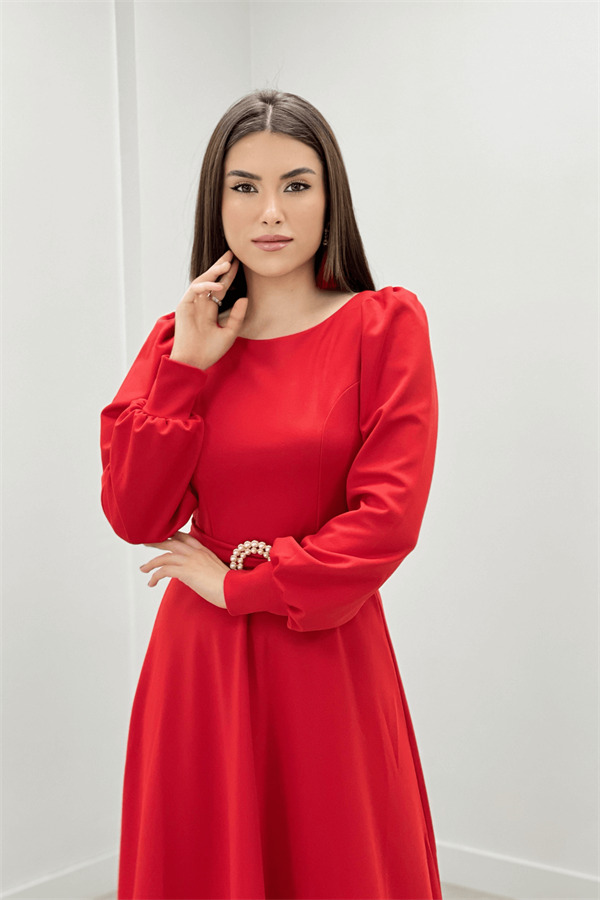 Krep Kumaş Kemer Detaylı Abiye Elbise - KIRMIZI - 4