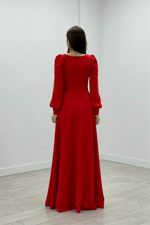 Krep Kumaş Kemer Detaylı Abiye Elbise - KIRMIZI - 5