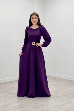 Crepe Fabric Belt Detailed Evening Dress - Eggplant Purple - Angelino Moda