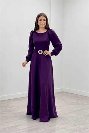 Crepe Fabric Belt Detailed Evening Dress - Eggplant Purple - Angelino Moda (1)