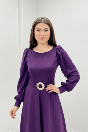 Krep Kumaş Kemer Detaylı Abiye Elbise - PATLICAN MOR - 3