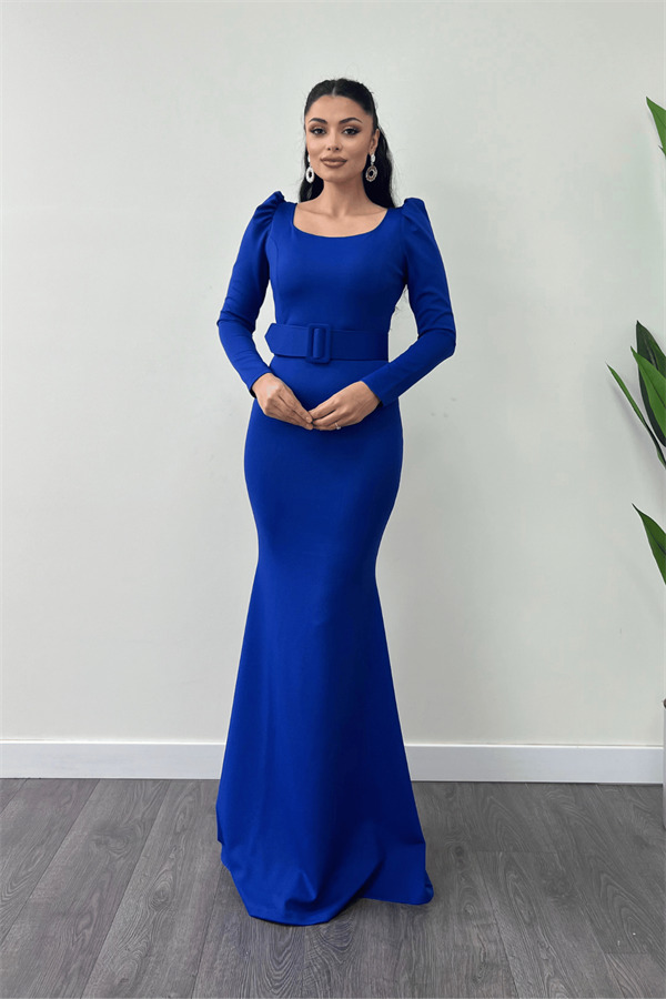 Krep Kumaş Kemer Detaylı Balık Elbise - SAKS MAVİ - 1