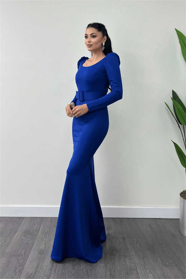 Krep Kumaş Kemer Detaylı Balık Elbise - SAKS MAVİ - 2