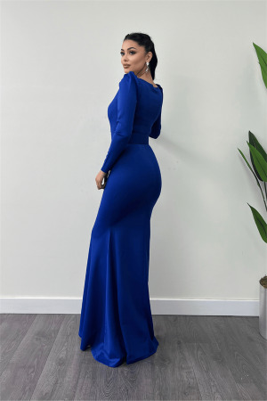 Krep Kumaş Kemer Detaylı Balık Elbise - SAKS MAVİ - 5