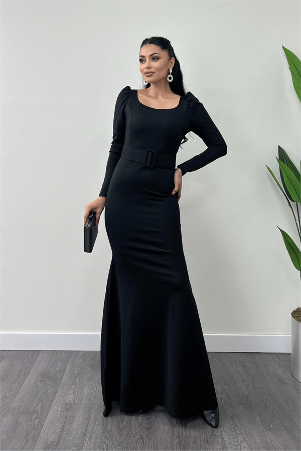 Krep Kumaş Kemer Detaylı Balık Elbise - SİYAH - 1