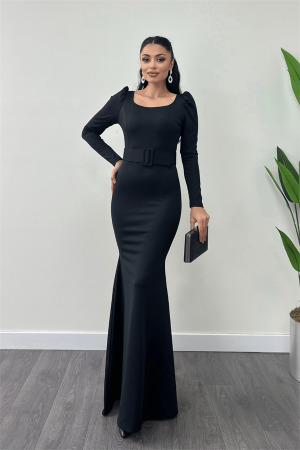 Crepe Fabric Belt Detailed Fish Dress - BLACK - Angelino Moda (1)