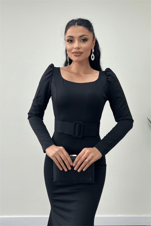 Krep Kumaş Kemer Detaylı Balık Elbise - SİYAH - 3