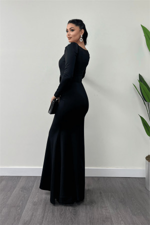 Krep Kumaş Kemer Detaylı Balık Elbise - SİYAH - 5